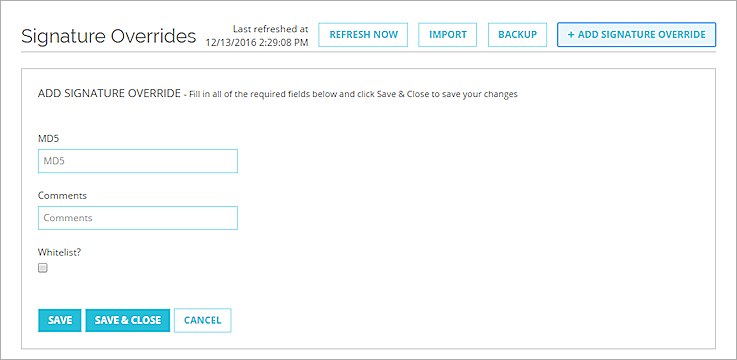 Screen shot of the Add Signature Override dialog box