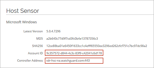 Screen shot of the Host Sensor page with the Account ID and Controller address