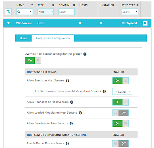 Screen shot of the Host Sensor Configuration for a group, with Override enabled