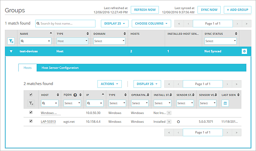 Screen shot of the Groups page with the Hosts information expanded for a group