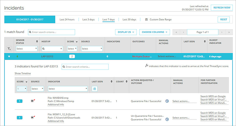 Screen shot of an expanded indicator with a quarantined file