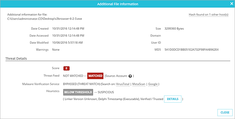 Screen shot of the Additional  Info dialog box for an indicator from a Host Sensor