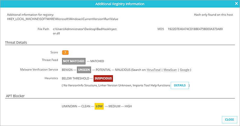 Screen shot of the Additional Information dialog box for an indicator with Sandbox Analysis status