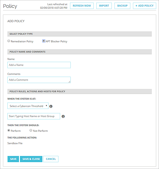 Screen shot of the Add Policy dialog box for a Sandbox policy