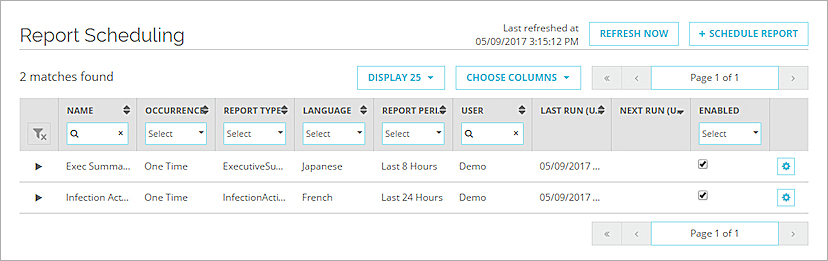 Screen shot of the Report Scheduling page with two scheduled reports