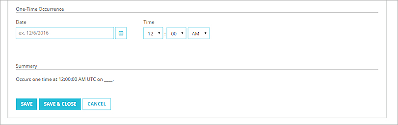 Screen shot of the One-Time Occurrence settings for a scheduled report