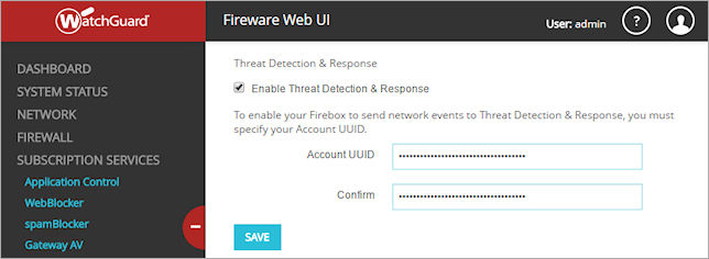 Screen shot of the Threat Detection & Response page in Fireware Web UI