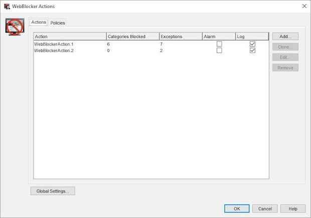 Screen shot of the WebBlocker Actions dialog box