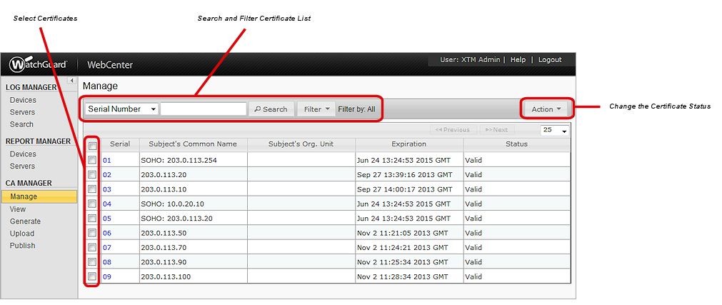 Screen shot of the WatchGuard WebCenter CA Manager > Manage page