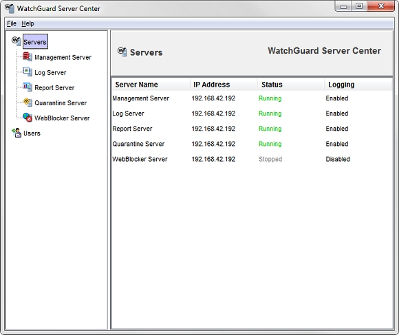 Screen shot of WatchGuard Server Center