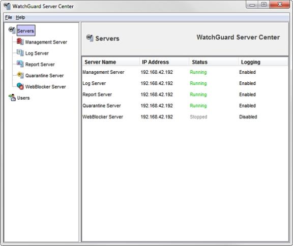 Screen shot of the WatchGuard Server Center, Servers page