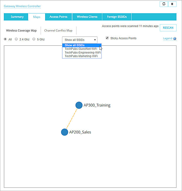 Captura de pantalla de la página de Mapas y la lista desplegable Mostrar Todos los SSIDs