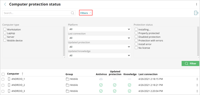 Screen shot of the Computer Protection Status list in EPP