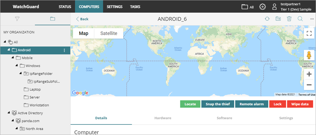 Screen shot of WatchGuard Endpoint Security, Computers page Android map