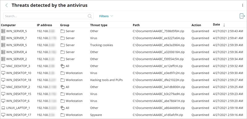 Screen shot of the Threats Detected by the Antivirus detail page