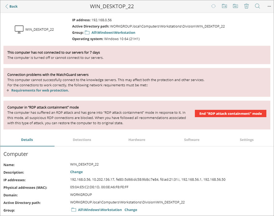 Screen shot of WatchGuard Endpoint Security, Computer details page