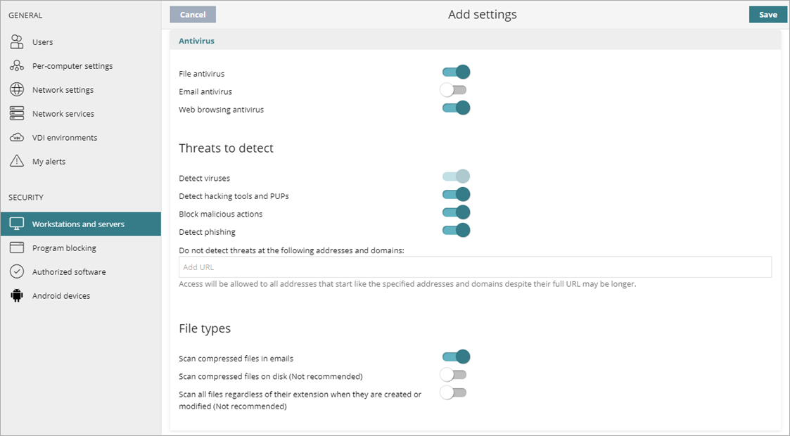 Screen shot of WatchGuard Endpoint Security, Add settings page