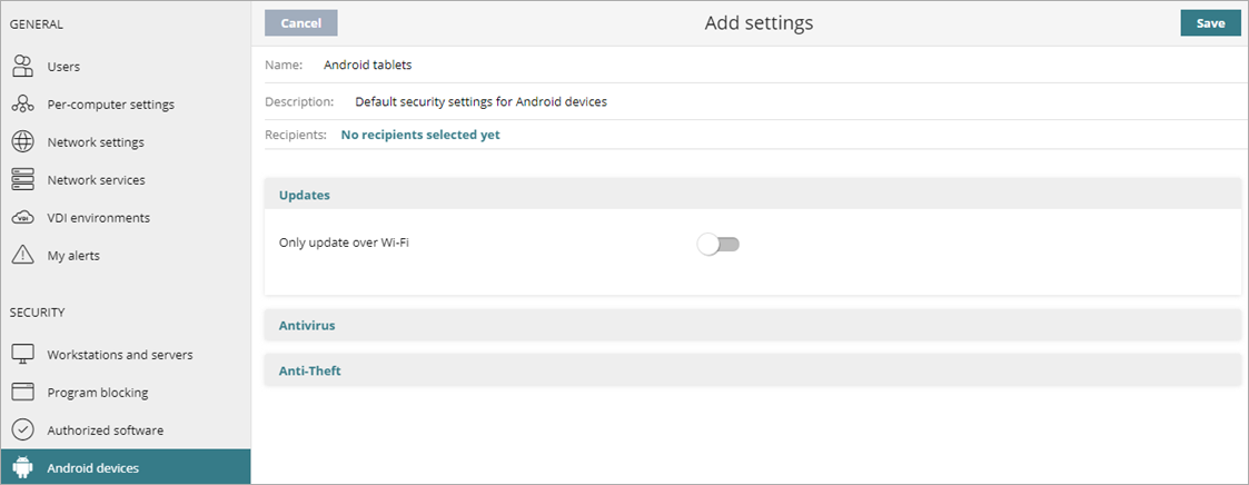 Screen shot of WatchGuard Endpoint Security, Android device settings