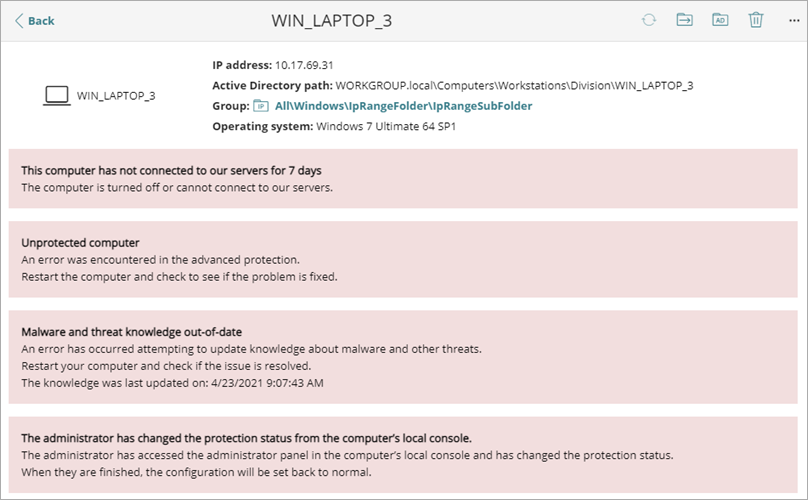 Screen shot of WatchGuard Endpoint Security, Computer details error messages