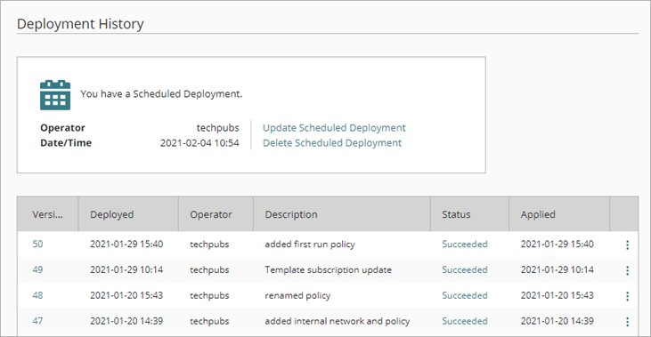 Screen shot of the Deployment History page