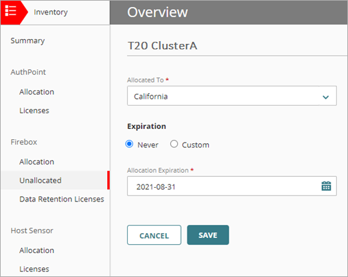 Screen shot of WatchGuard Cloud, Inventory > Firebox > Allocation details