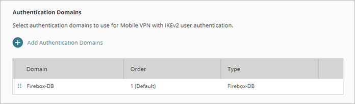 Screen shot of the Authentication Domains section of the Mobile VPN configuration