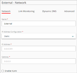 Screen shot of the static IP address settings for an external network