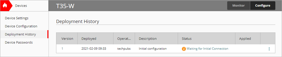 Screen shot of the Deployment History for a Firebox initial deployment