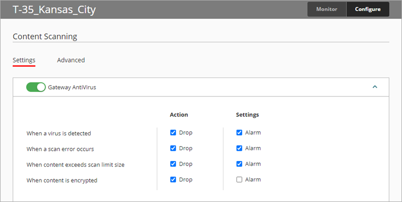 WatchGuard Cloud screen shot of Gateway AntiVirus options