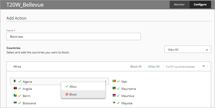 Screen shot of WatchGuard Cloud Geolocation page, block option