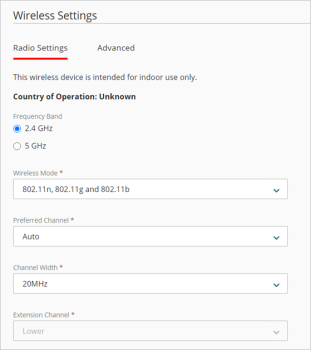 Screen shot of the Wireless Settings page, Radio Settings tab
