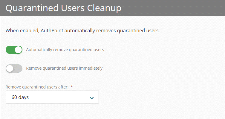 Screenshot that shows the Quarantined Users Cleanup section on the Settings page.