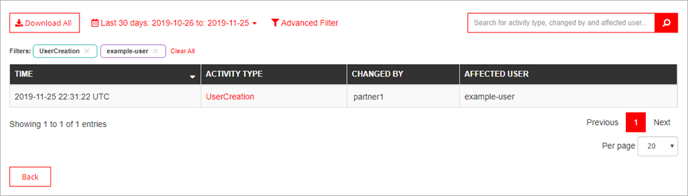 Screen shot of the Audit Log with filters added