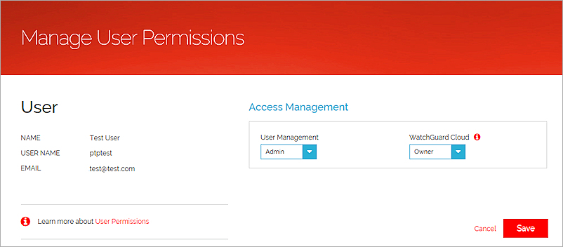 Screen shot of the Manage User Permissions page.