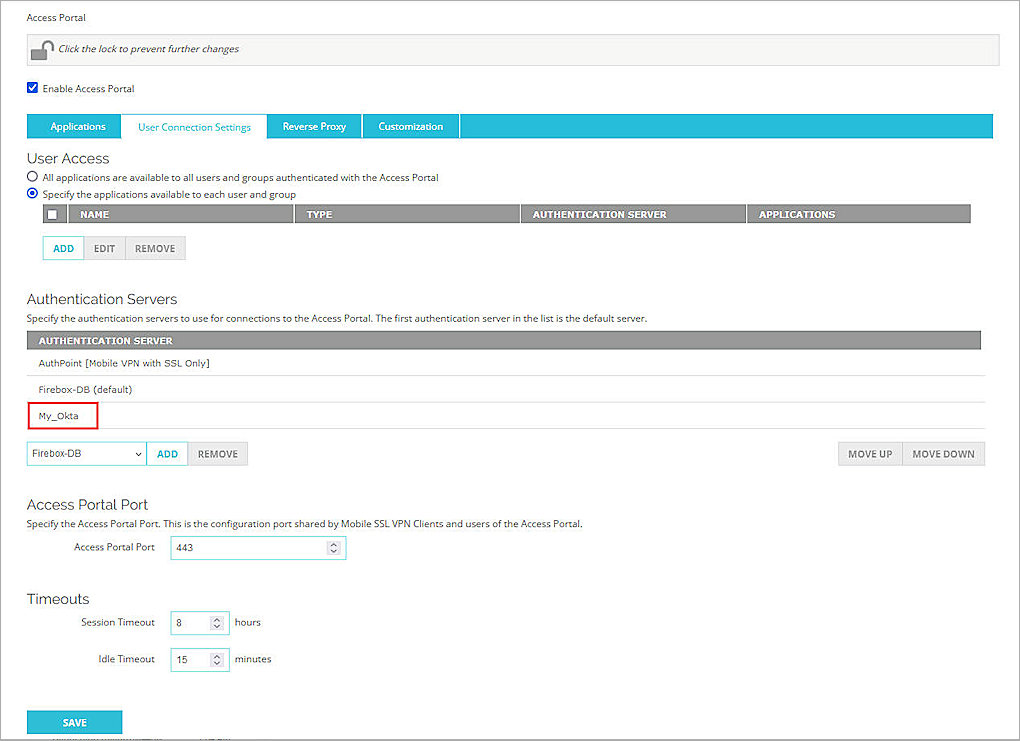 Screenshot of Firebox, Firebox Adding SAML auth to Access Portal