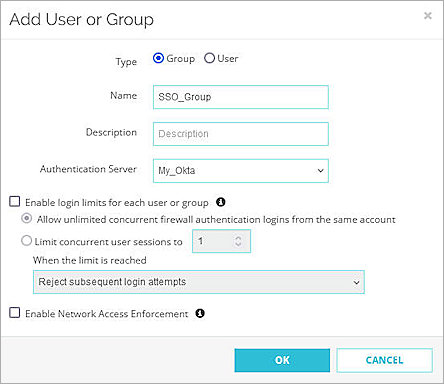 Screenshot of Firebox, adding user and group