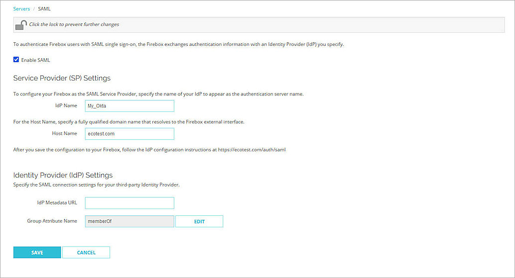 Screenshot of Firebox, enabling SAML 