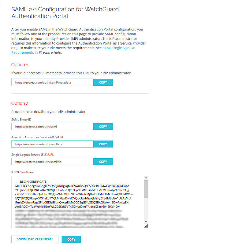 Screen shot of the SAMLWatchGuard Authentication Portal Metadata