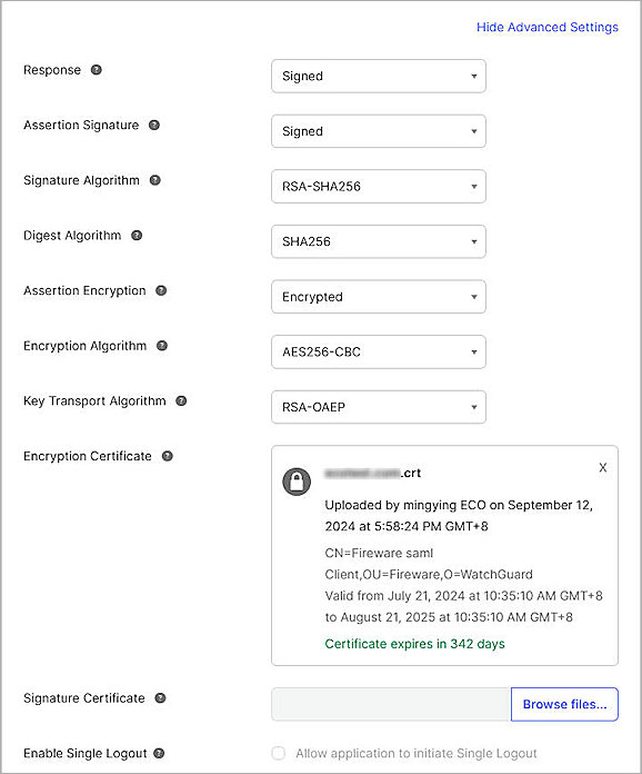 Screenshot of Okta, advanced settings 001