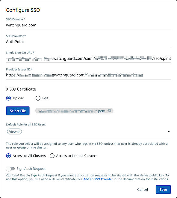 Screenshot that shows the configuration settings on the Configure SSO page.