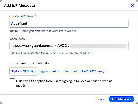 The screen shot of adding IdP Metadata file