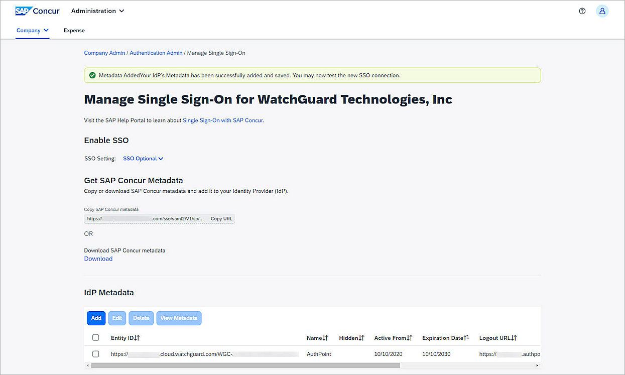 The screen shot of concur mamage Single-Sign-On