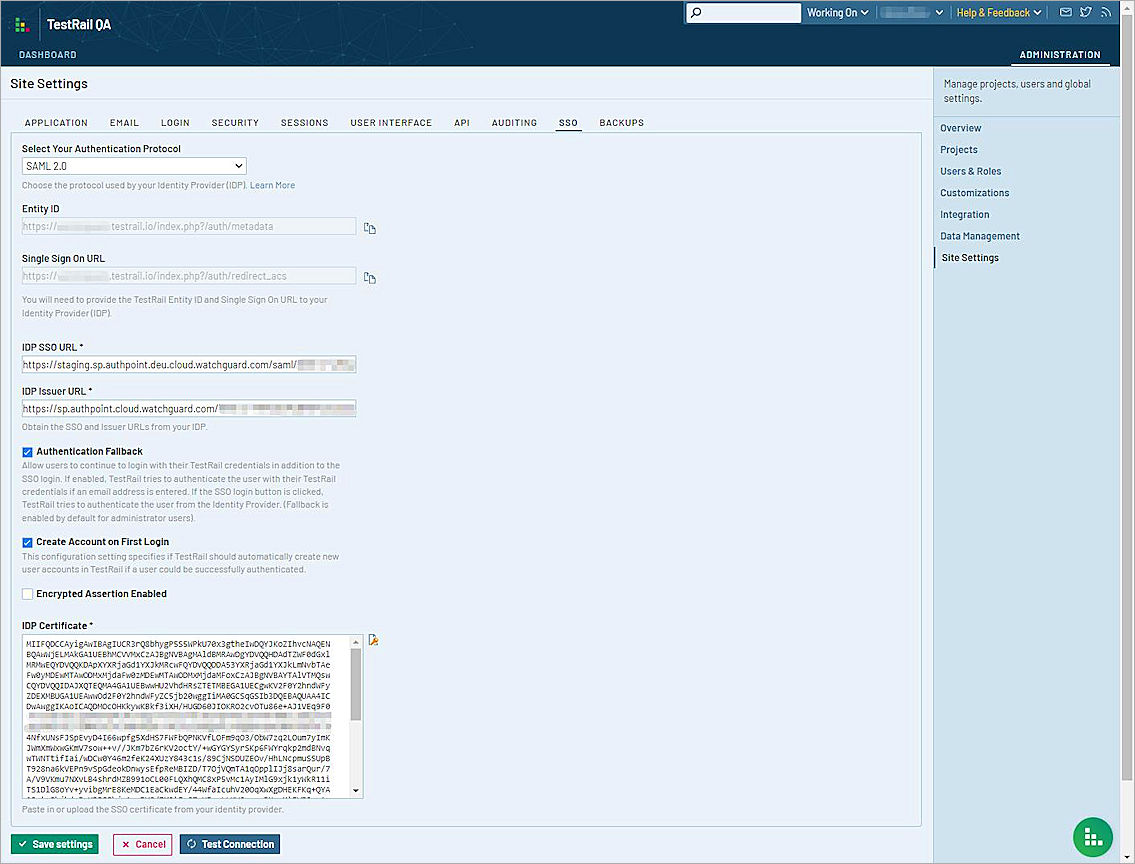 Screenshot of TestRail SSO page.