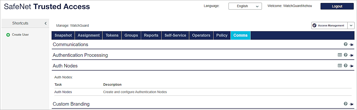 Screenshot of Comms Auth Nodes page