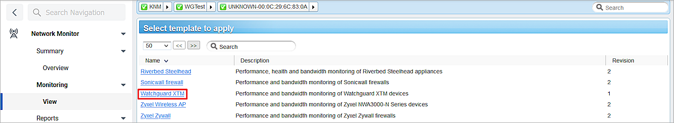 Screen shot of the Select template to apply page