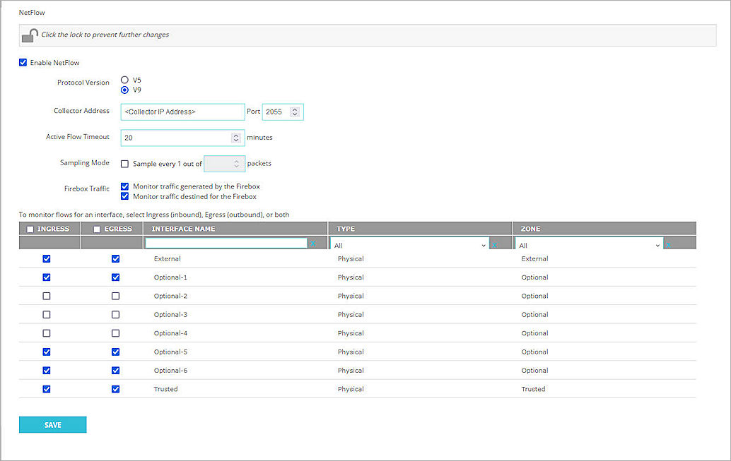 Screenshot of Firebox Netflow settings in Fireware Web UI