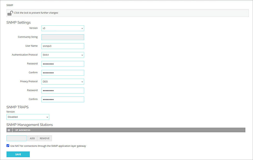 Screenshot of Firebox SNMP settings in Fireware Web UI