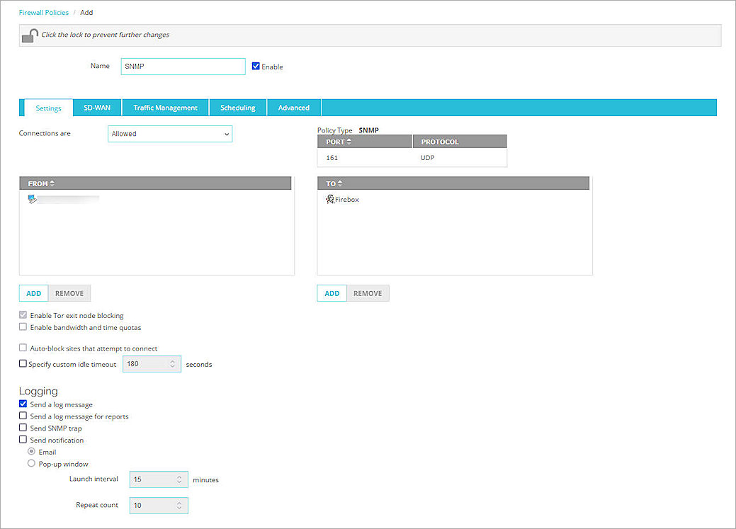 Screenshot of Firebox SNMP policy in Fireware Web UI