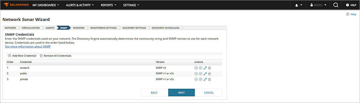 Screenshot of SolarWinds Network Sonar wizard SNMP Credentials page