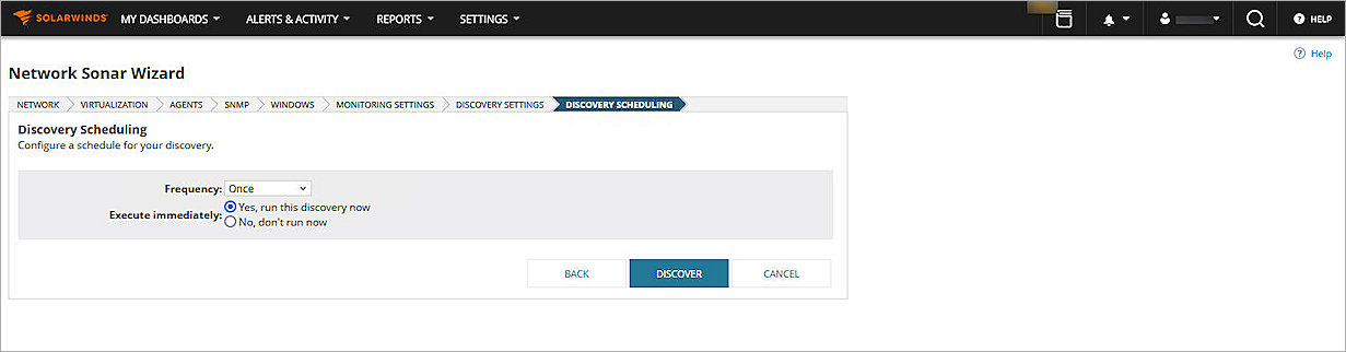 Screenshot of SolarWinds, Network Sonar wizard Discovery Scheduling page